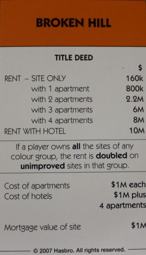 PARTS ONLY - Monopoly The Australian Here and Now Edition Board Game - (1) "Broken Hill" Title Deed Card Only