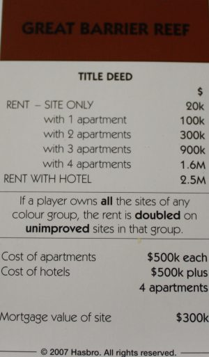 PARTS ONLY - Monopoly The Australian Here and Now Edition Board Game - (1) "Great Barrier Reef" Title Deed Card Only