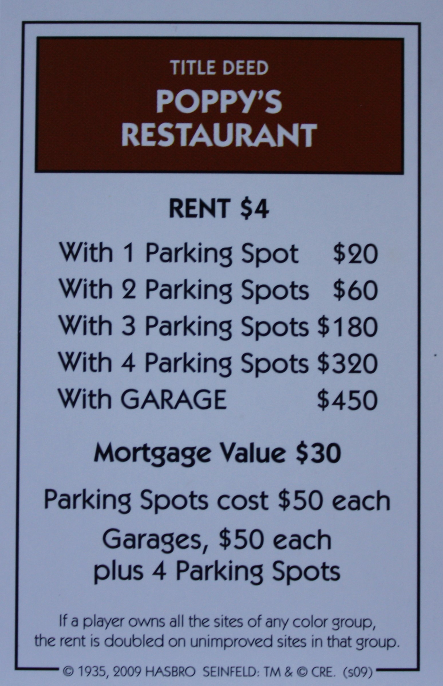 PARTS ONLY -Monopoly Seinfeld Board Game - Poppy's Restaurant Title Deed Card Only