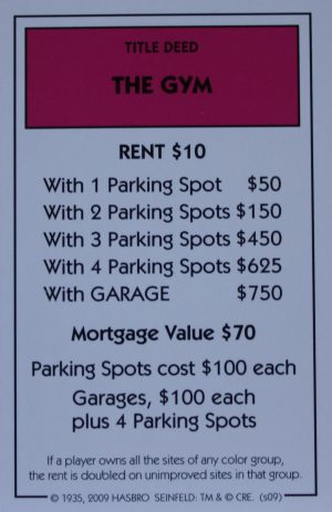 PARTS ONLY - Monopoly Seinfeld Board Game - The Gym Title Deed Card Only