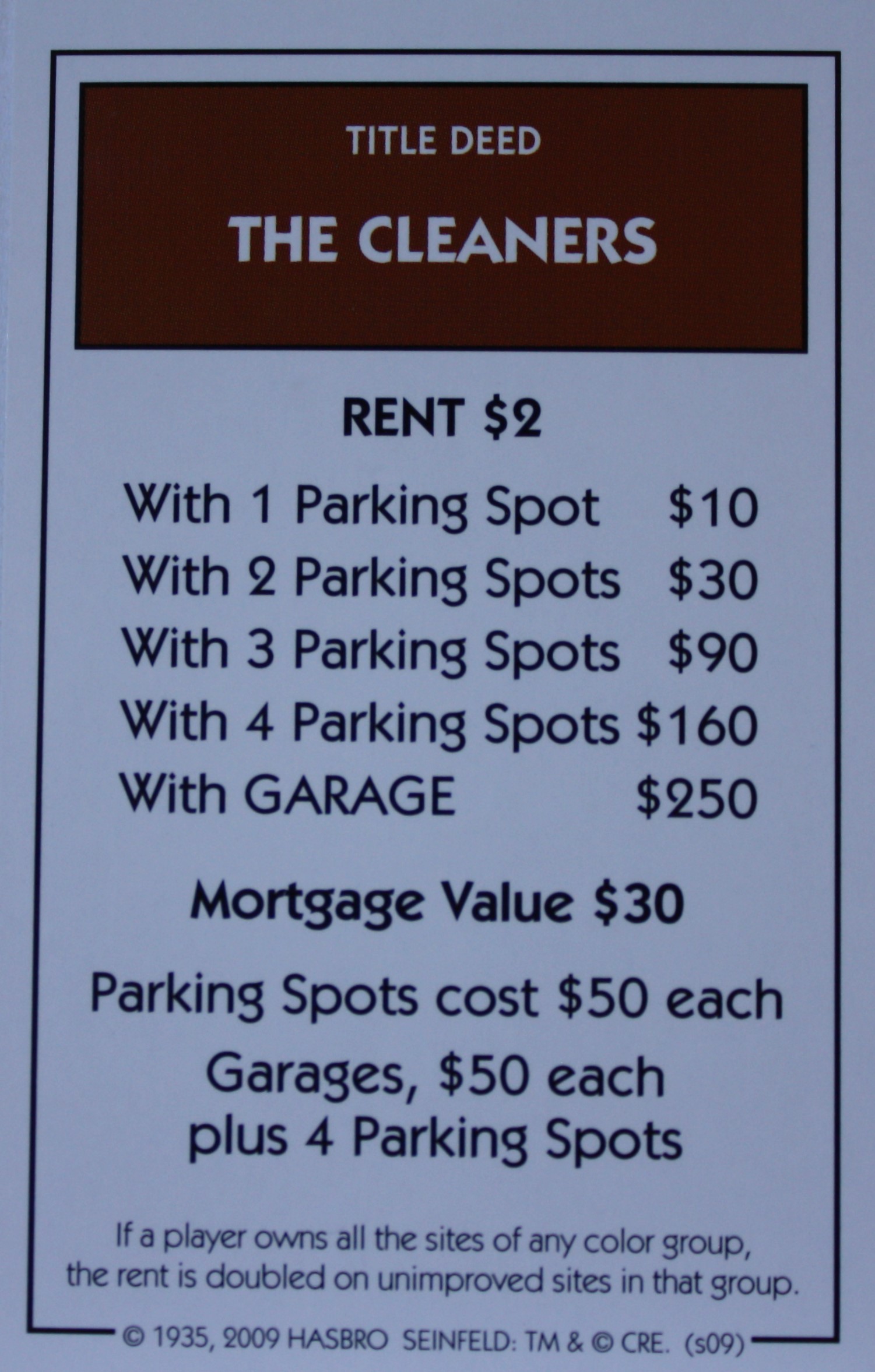 PARTS ONLY - Monopoly Seinfeld Board Game - The Cleaners Title Deed Card Only