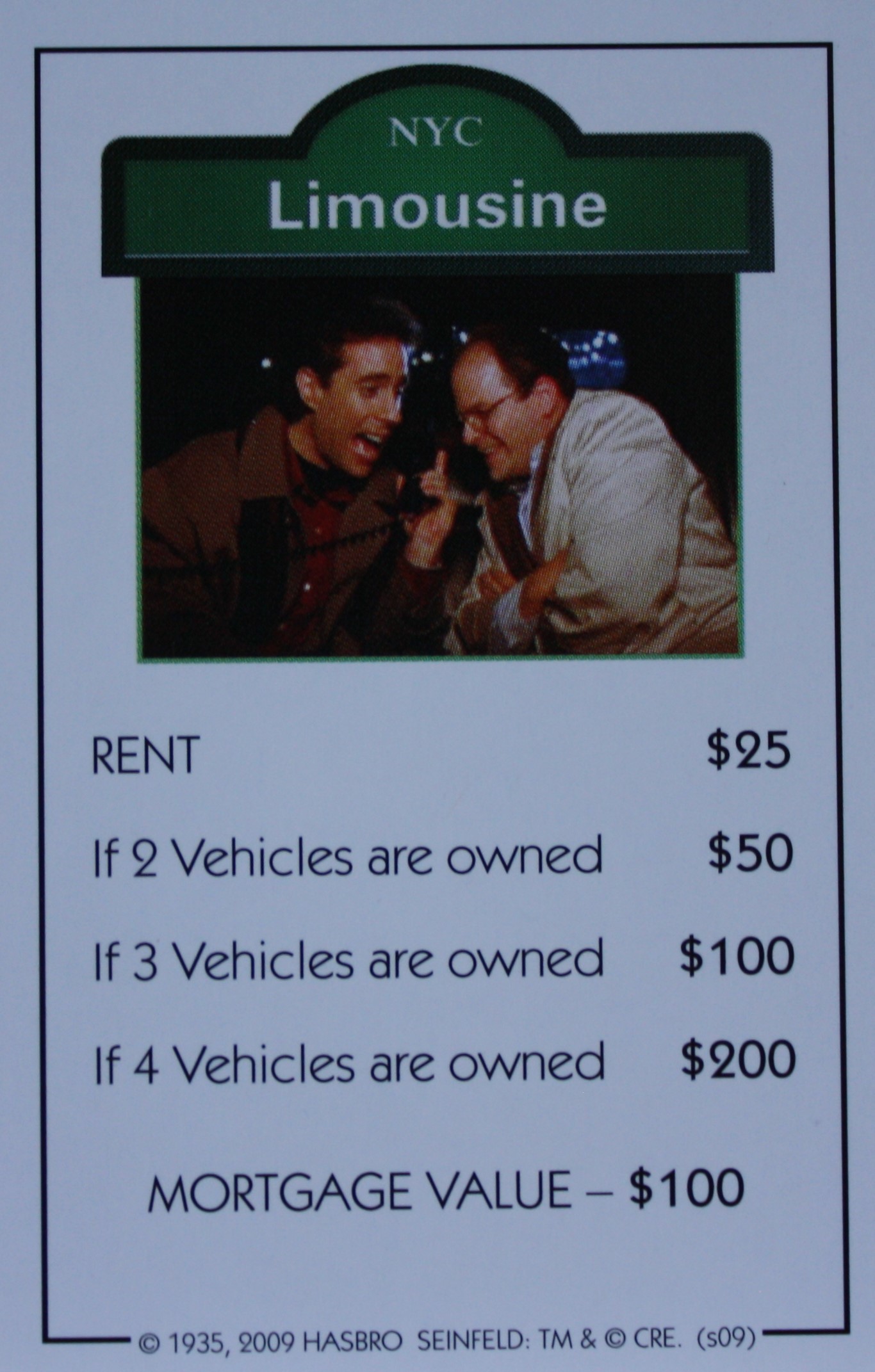 PARTS ONLY - Monopoly Seinfeld Board Game - Limousine Title Deed Card Only