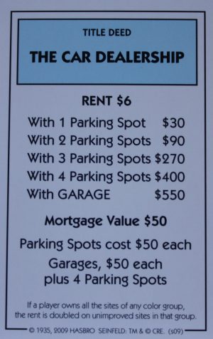 PARTS ONLY - Monopoly Seinfeld Board Game - The Car Dealership Title Deed Card Only