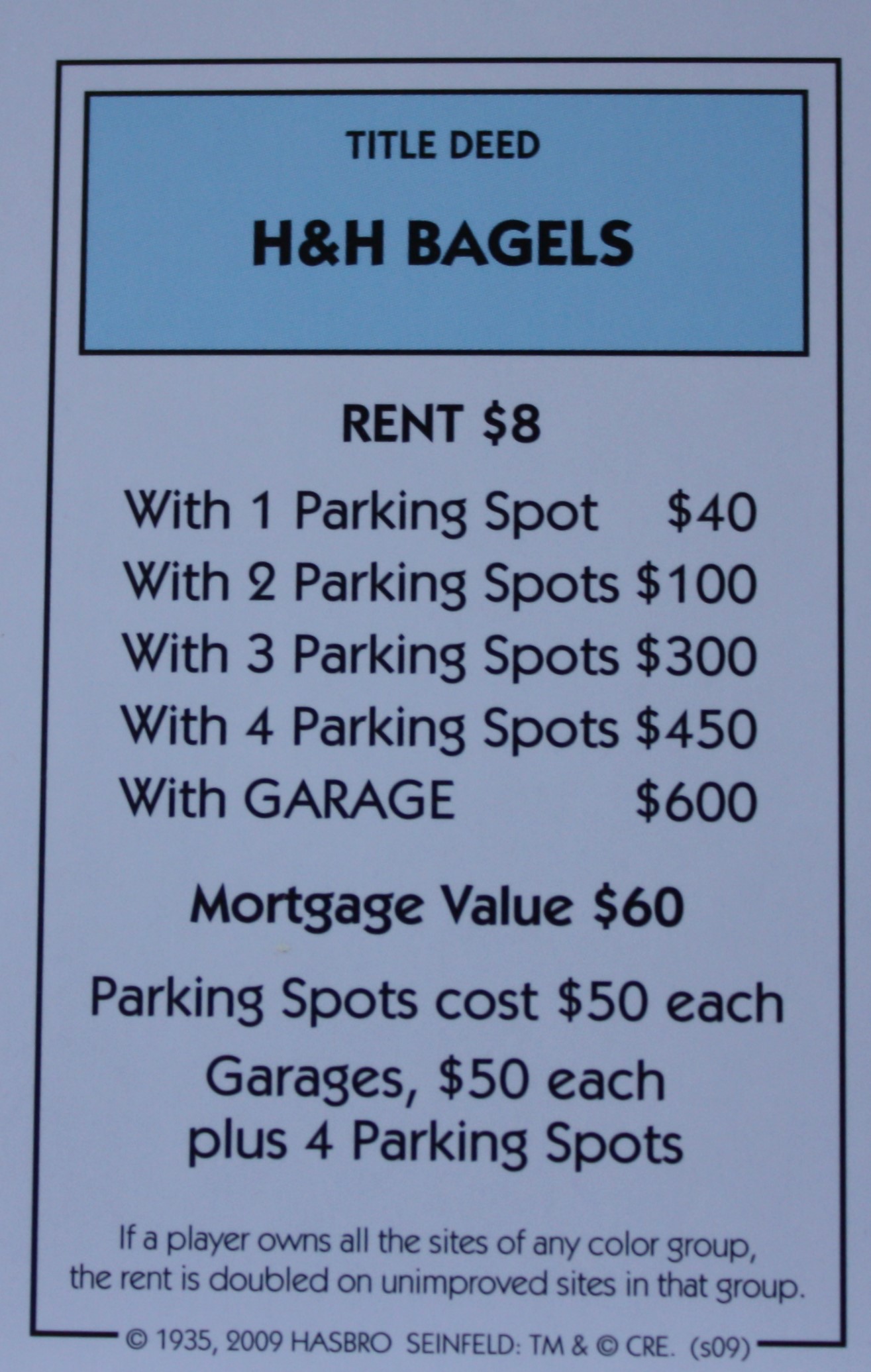 PARTS ONLY - Monopoly Seinfeld Board Game - H & H Bagels Title Deed Card Only