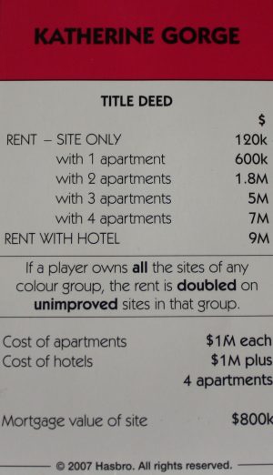 PARTS ONLY - Monopoly The Australian Here and Now Edition Board Game - (1) "Katherine Gorge" Title Deed Card Only