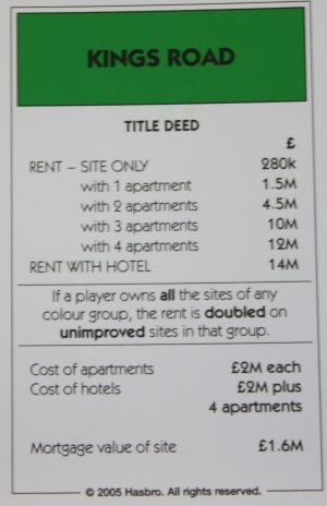 PARTS ONLY -Monopoly Here and Now UK Limited Edition Board Game - Kings Road Title Deed Card