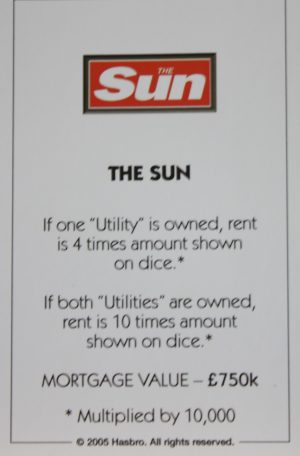 PARTS ONLY -Monopoly Here and Now UK Limited Edition Board Game - The Sun Title Deed Card