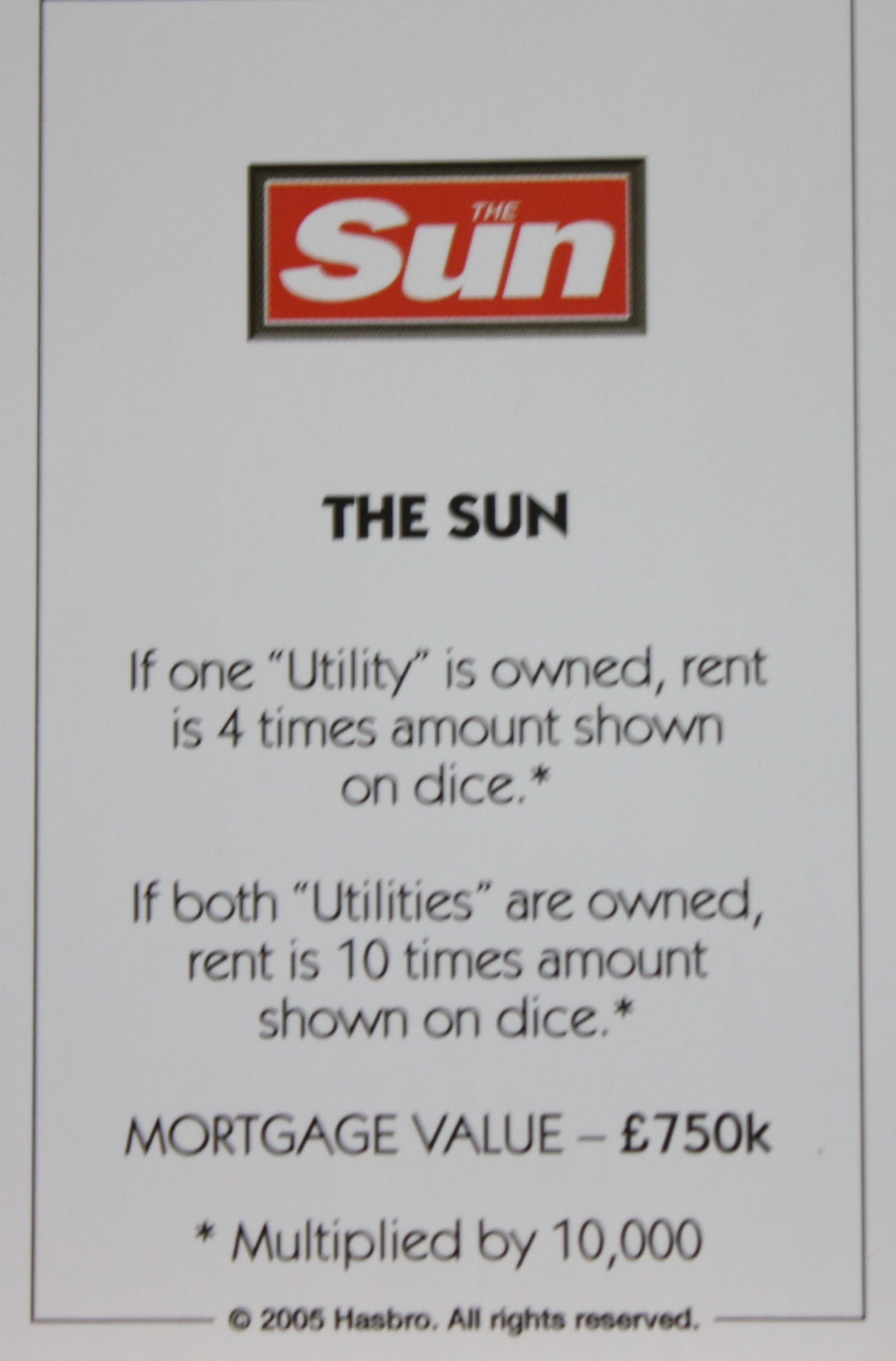 PARTS ONLY -Monopoly Here and Now UK Limited Edition Board Game - The Sun Title Deed Card