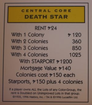 PARTS ONLY -Monopoly Star Wars Trilogy Board Game - Death Star "Central Core" Title Deed Card
