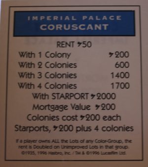 PARTS ONLY -Monopoly Star Wars Trilogy Board Game - Coruscant "Imperial Palace" Title Deed Card