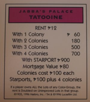 PARTS ONLY -Monopoly Star Wars Trilogy Board Game - Tatooine "Jabba's Palace" Title Deed Card