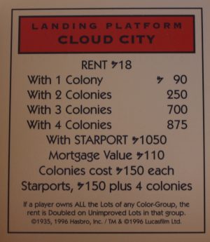 PARTS ONLY -Monopoly Star Wars Trilogy Board Game - Cloud City "Landing Platform" Title Deed Card