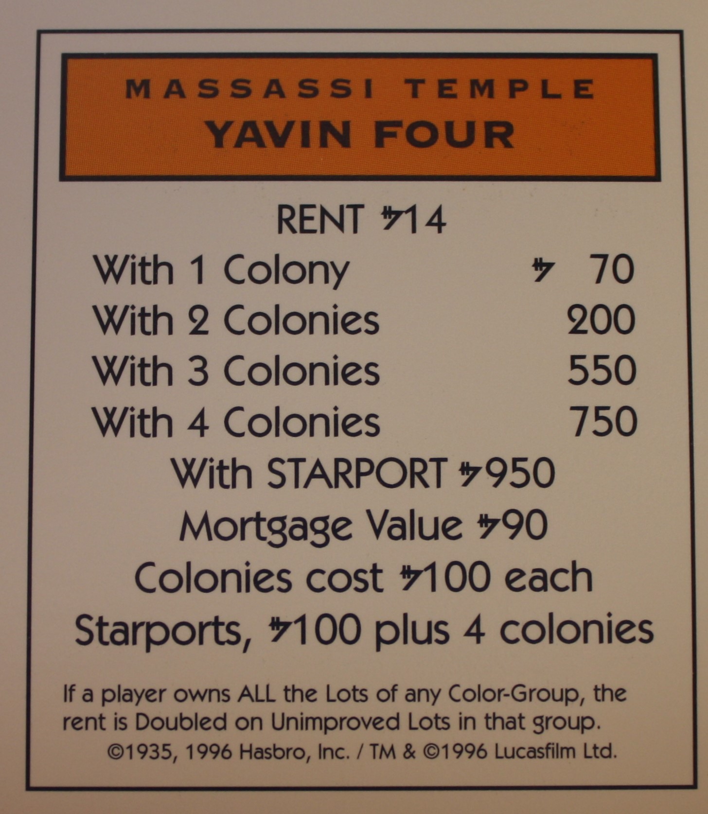 PARTS ONLY -Monopoly Star Wars Trilogy Board Game - Yavin Four "Massassi Temple" Title Deed Card