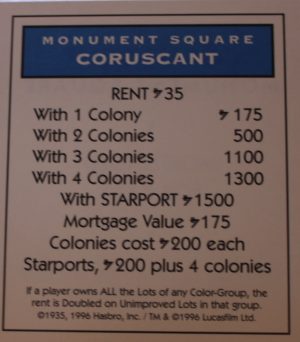PARTS ONLY -Monopoly Star Wars Trilogy Board Game - Coruscant "Monument Square" Title Deed Card