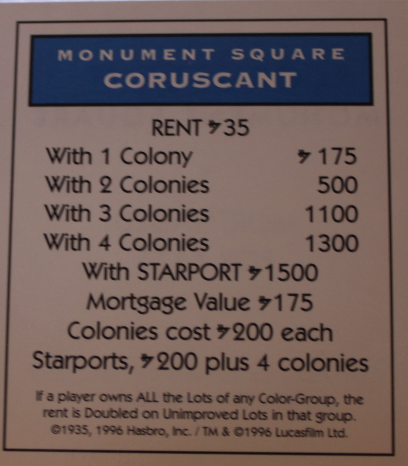 PARTS ONLY -Monopoly Star Wars Trilogy Board Game - Coruscant "Monument Square" Title Deed Card