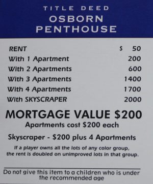 PARTS ONLY -Monopoly Board Game Spiderman Edition - "Osborn Penthouse" Title Deed Card