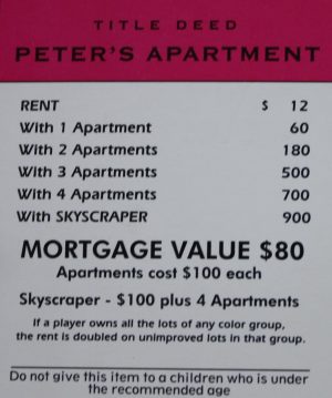 PARTS ONLY -Monopoly Board Game Spiderman Edition - "Peter's Apartment" Title Deed Card