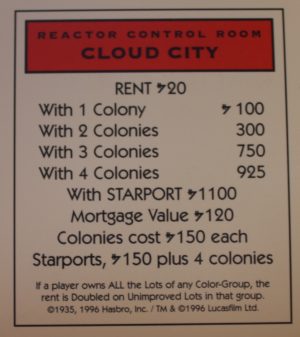 PARTS ONLY -Monopoly Star Wars Trilogy Board Game - Cloud City "Reactor Control Room" Title Deed Card