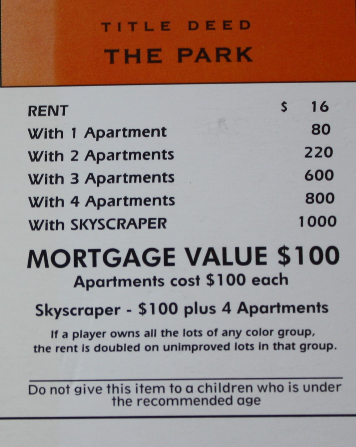 PARTS ONLY -Monopoly Board Game Spiderman Edition - "The Park" Title Deed Card