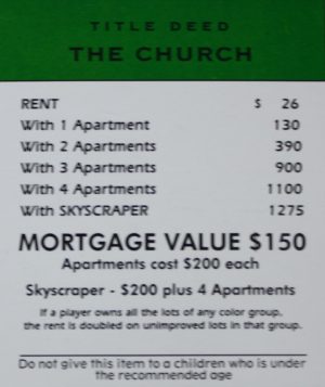 PARTS ONLY -Monopoly Board Game Spiderman Edition - "The Church" Title Deed Card