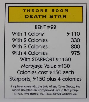 PARTS ONLY -Monopoly Star Wars Trilogy Board Game -  Death Star "Throne Room" Title Deed Card