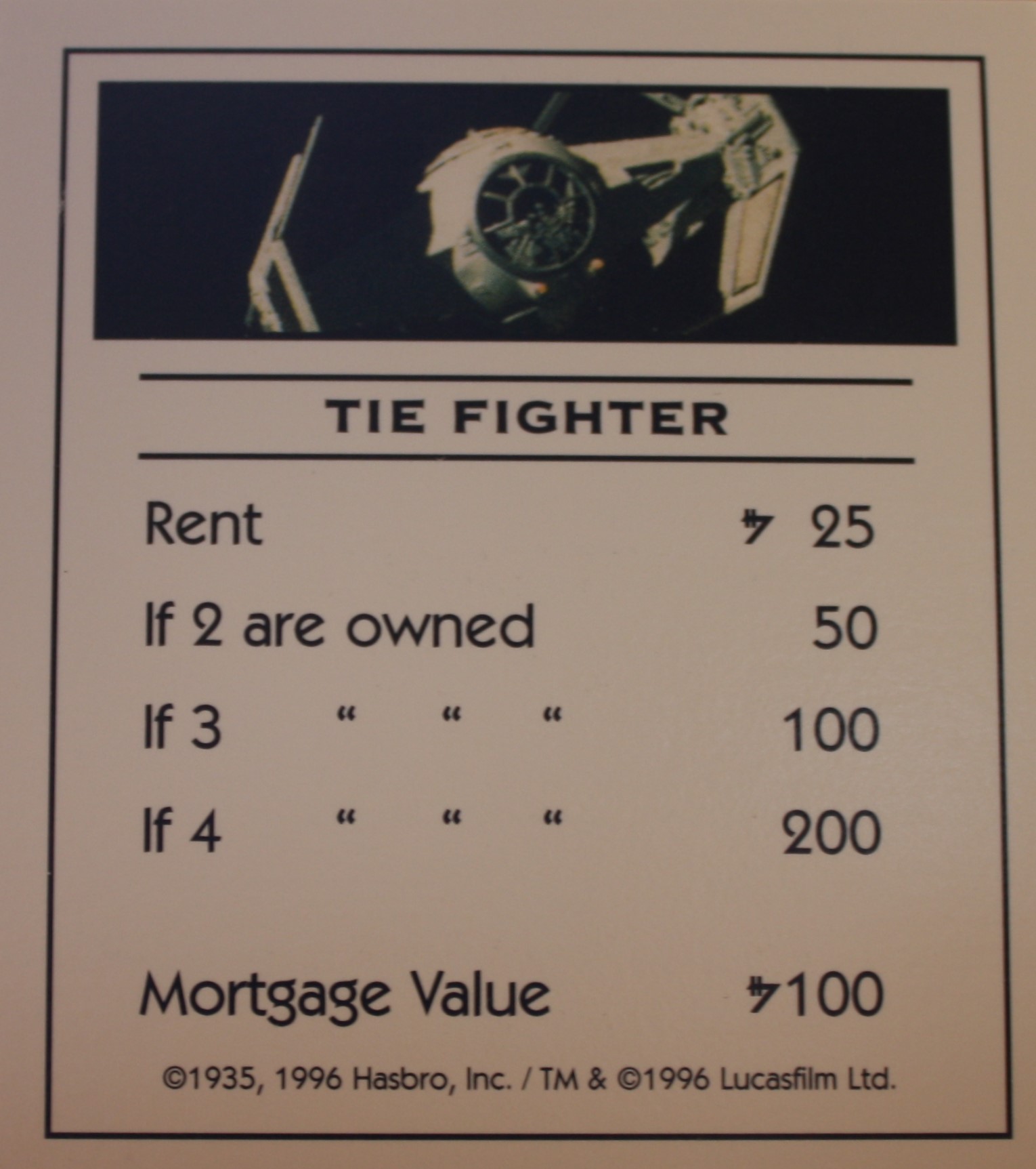 PARTS ONLY -Monopoly Star Wars Trilogy Board Game - "Tie Fighter" Title Deed Card