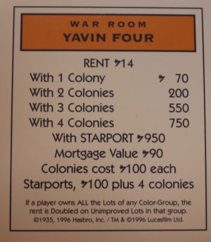 PARTS ONLY -Monopoly Star Wars Trilogy Board Game - Yavin Four "War Room" Title Deed Card