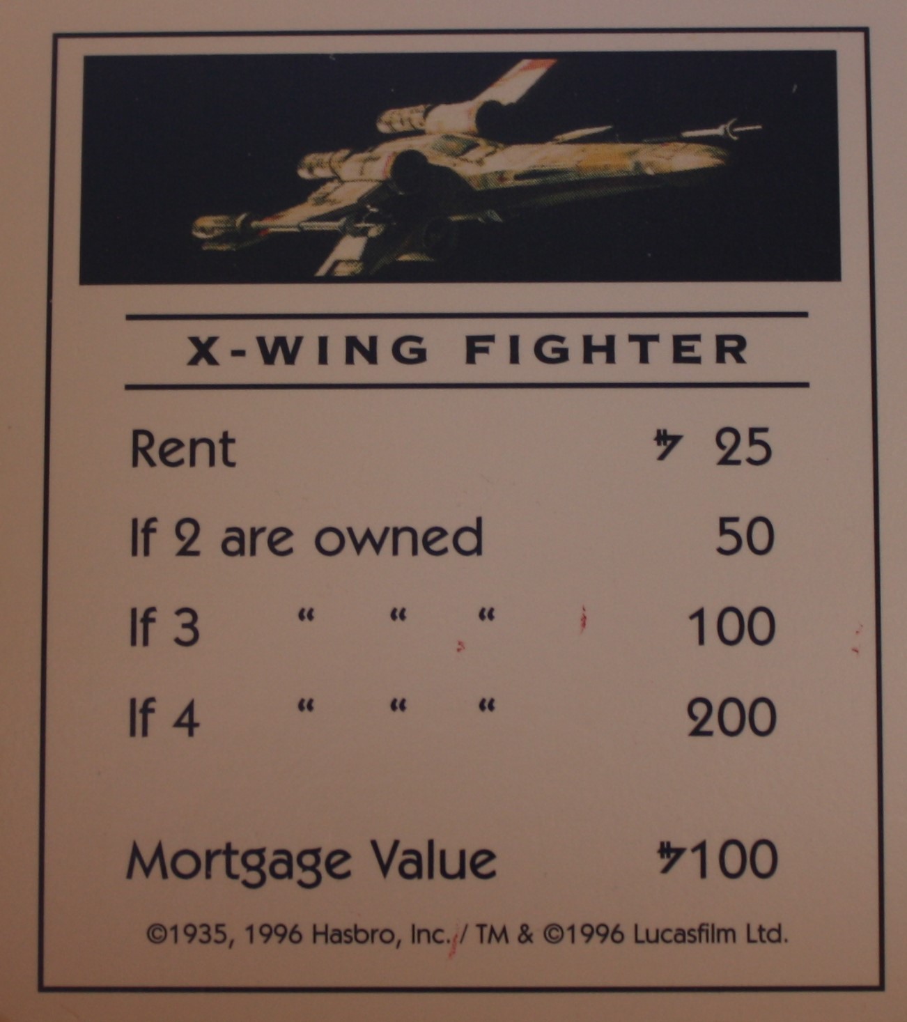 PARTS ONLY -Monopoly Star Wars Trilogy Board Game - "X Wing Fighter" Title Deed Card
