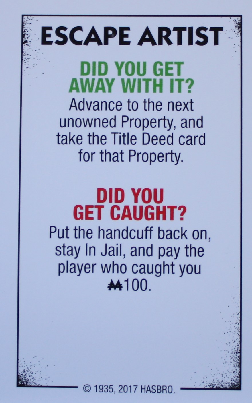 PARTS ONLY - Monopoly Board Game "Cheaters" Edition - Escape Artist Card Only