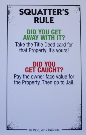 PARTS ONLY - Monopoly Board Game "Cheaters" Edition - Squatters Rule Card Only