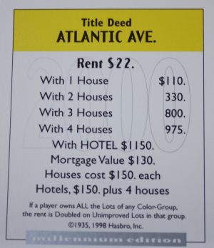 PARTS ONLY - Monopoly Board Game 2000 Millennium Tin Edition - (1) Atlantic Avenue Title Deed Card Only