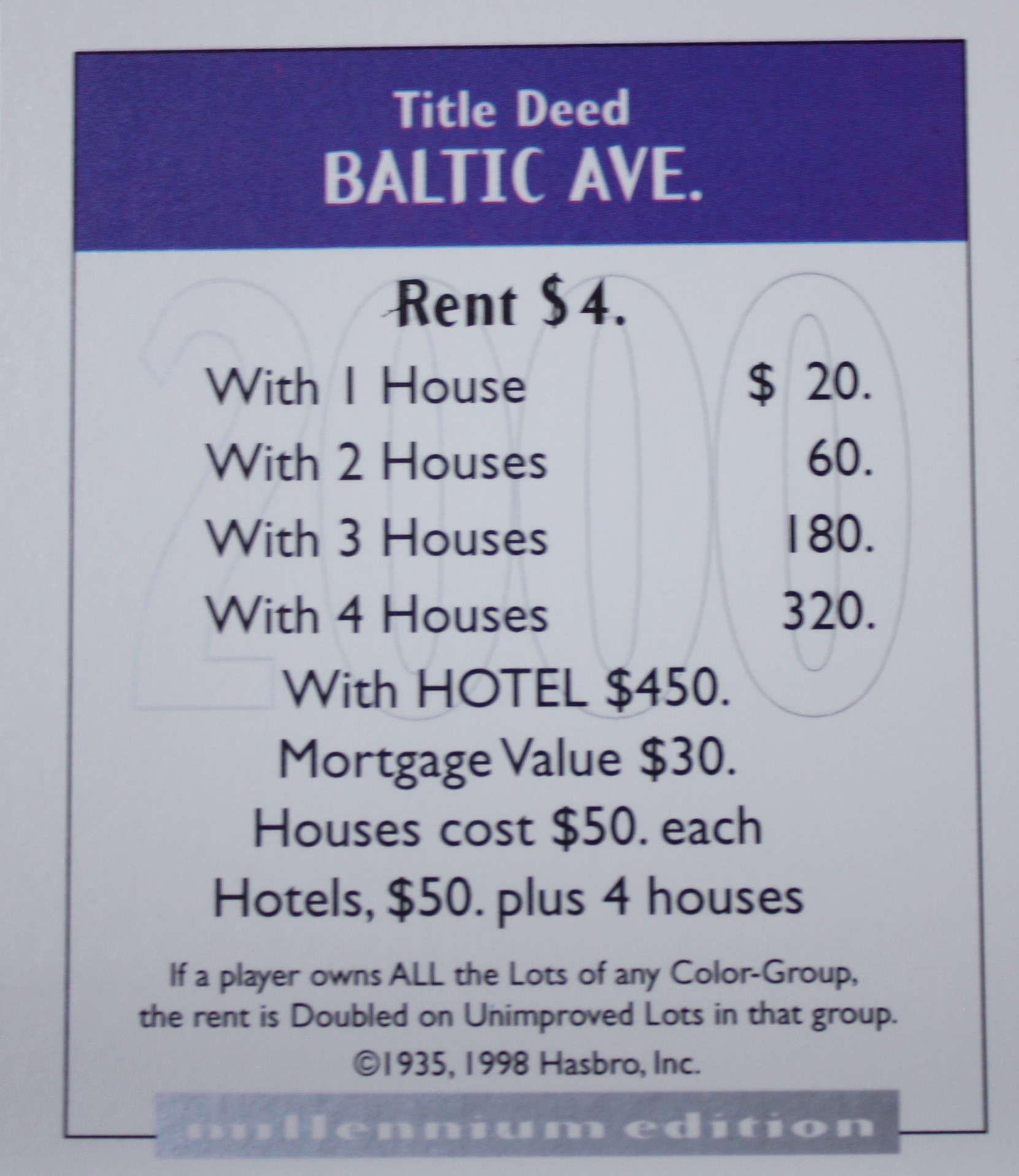 PARTS ONLY - Monopoly Board Game 2000 Millennium Tin Edition - (1) Baltic Avenue Title Deed Card Only