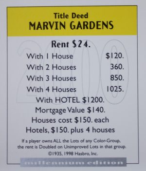 PARTS ONLY - Monopoly Board Game 2000 Millennium Tin Edition - (1) Marvin Gardens Title Deed Card Only