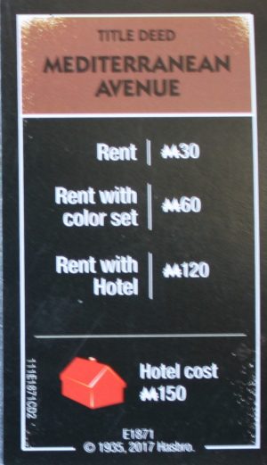 PARTS ONLY - Monopoly Board Game "Cheaters" Edition - "Mediterranean Avenue" Title Deed Card Only