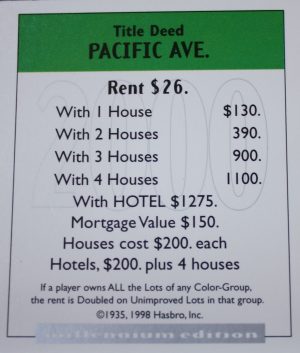 PARTS ONLY - Monopoly Board Game 2000 Millennium Tin Edition - (1) Pacific Avenue Title Deed Card Only