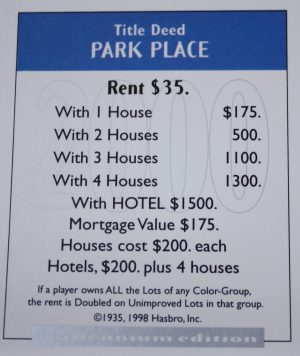 PARTS ONLY - Monopoly Board Game 2000 Millennium Tin Edition - (1) Park Place Title Deed Card Only