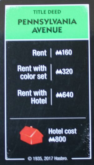 PARTS ONLY - Monopoly Board Game "Cheaters" Edition - "Pennsylvania Avenue" Title Deed Card Only