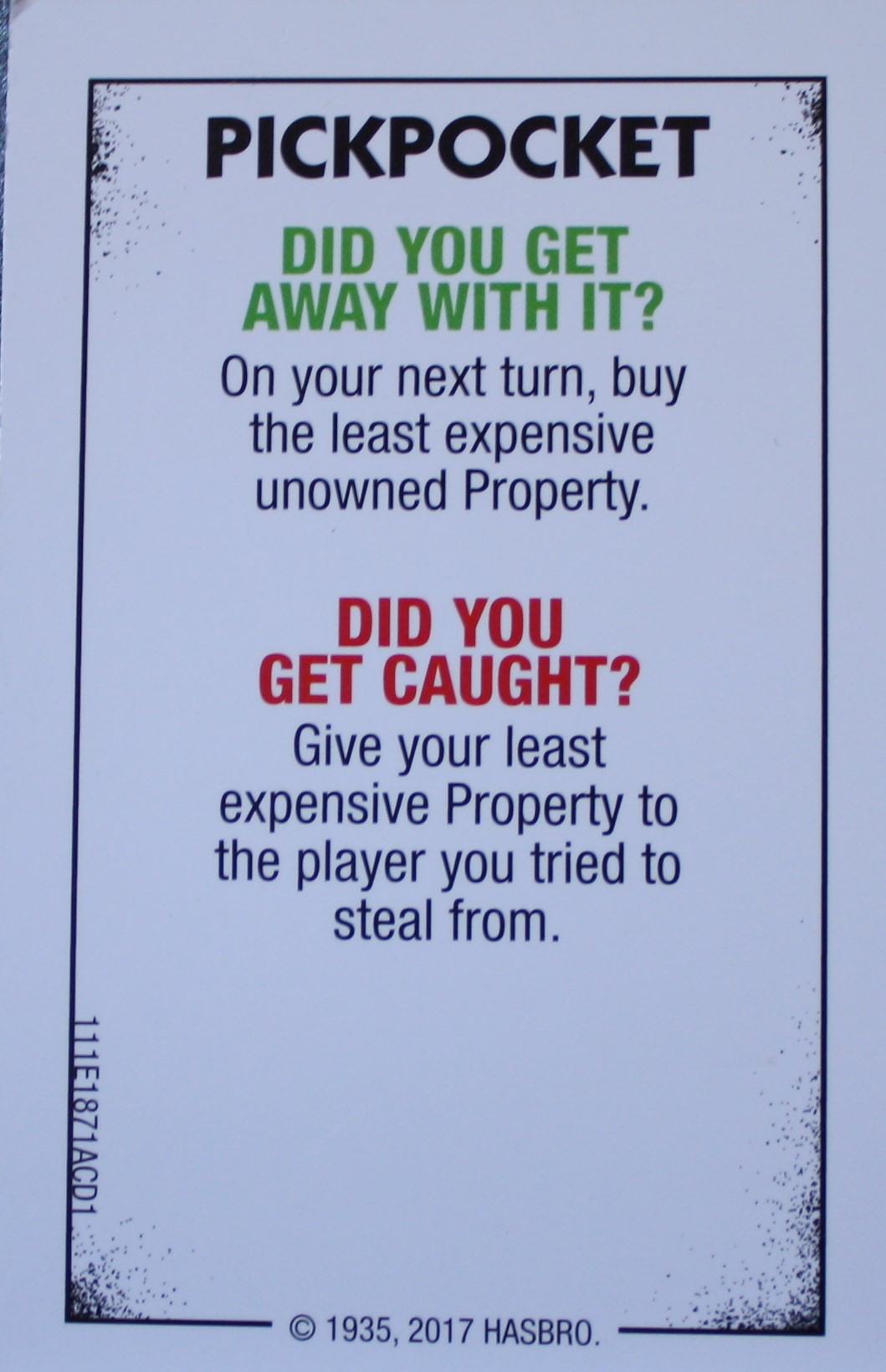 PARTS ONLY - Monopoly Board Game "Cheaters" Edition - Pickpocket Card Only