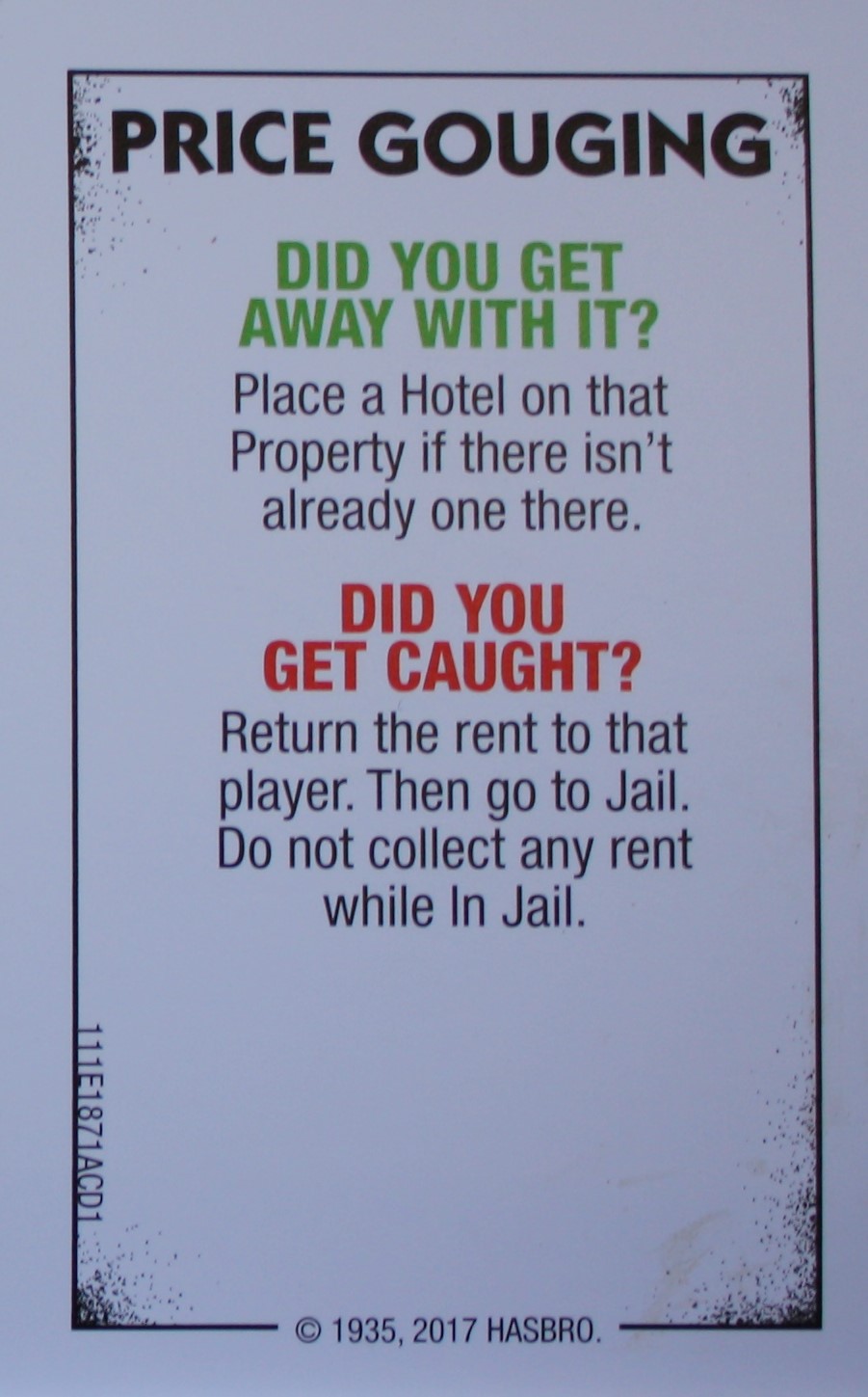 PARTS ONLY - Monopoly Board Game "Cheaters" Edition - Price Gouging Card Only