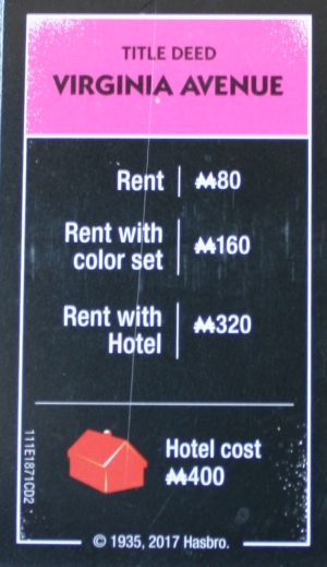PARTS ONLY - Monopoly Board Game "Cheaters" Edition - "Virginia Avenue" Title Deed Card Only
