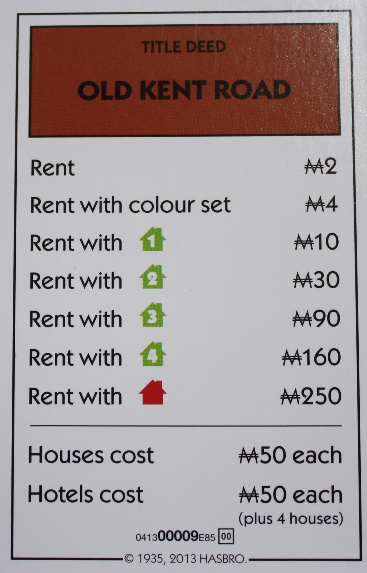 PARTS ONLY - Monopoly Board Game Hasbro 2013 Version - "Old Kent Road" Card Only