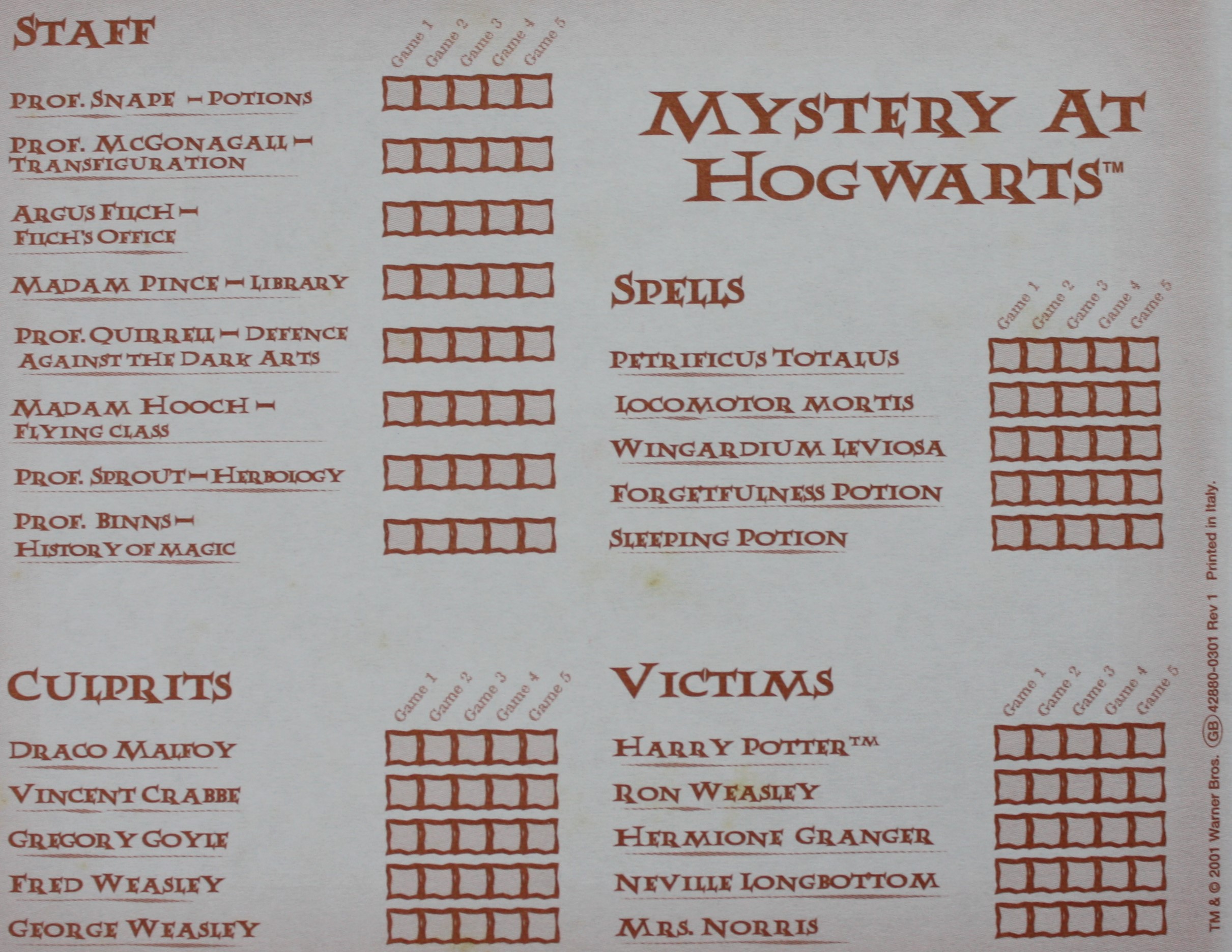 PARTS ONLY - Harry Potter Mystery at Hogwarts Board Game - (1) Hunch Checklist Pad Single Sheet Only