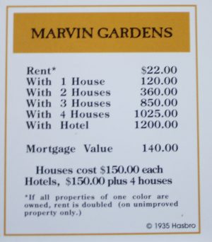 PARTS ONLY -Monopoly Board Game "1935 Deluxe First Edition Classic Reproduction" - "Marvin Gardens" Title Deed Card