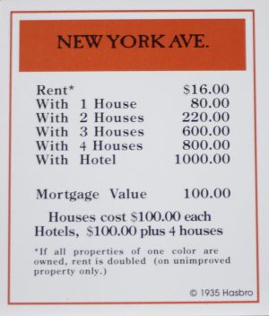 PARTS ONLY -Monopoly Board Game "1935 Deluxe First Edition Classic Reproduction" - "New York Ave" Title Deed Card Only