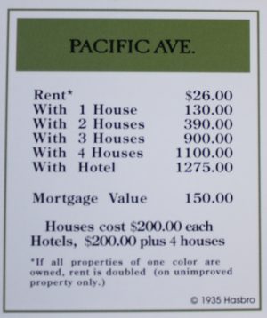 PARTS ONLY -Monopoly Board Game "1935 Deluxe First Edition Classic Reproduction" - "Pacific Ave" Title Deed Card