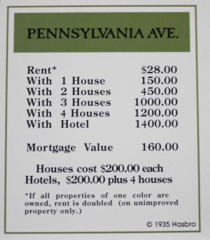 PARTS ONLY -Monopoly Board Game "1935 Deluxe First Edition Classic Reproduction" - "Pennsylvania Ave" Title Deed Card
