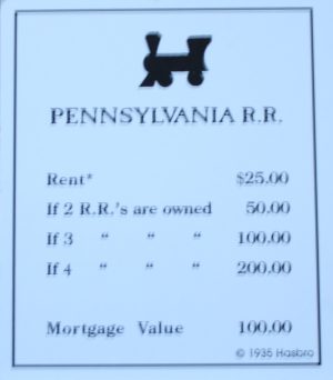 PARTS ONLY -Monopoly Board Game "1935 Deluxe First Edition Classic Reproduction" - "Pennsylvania R.R." Title Deed Card