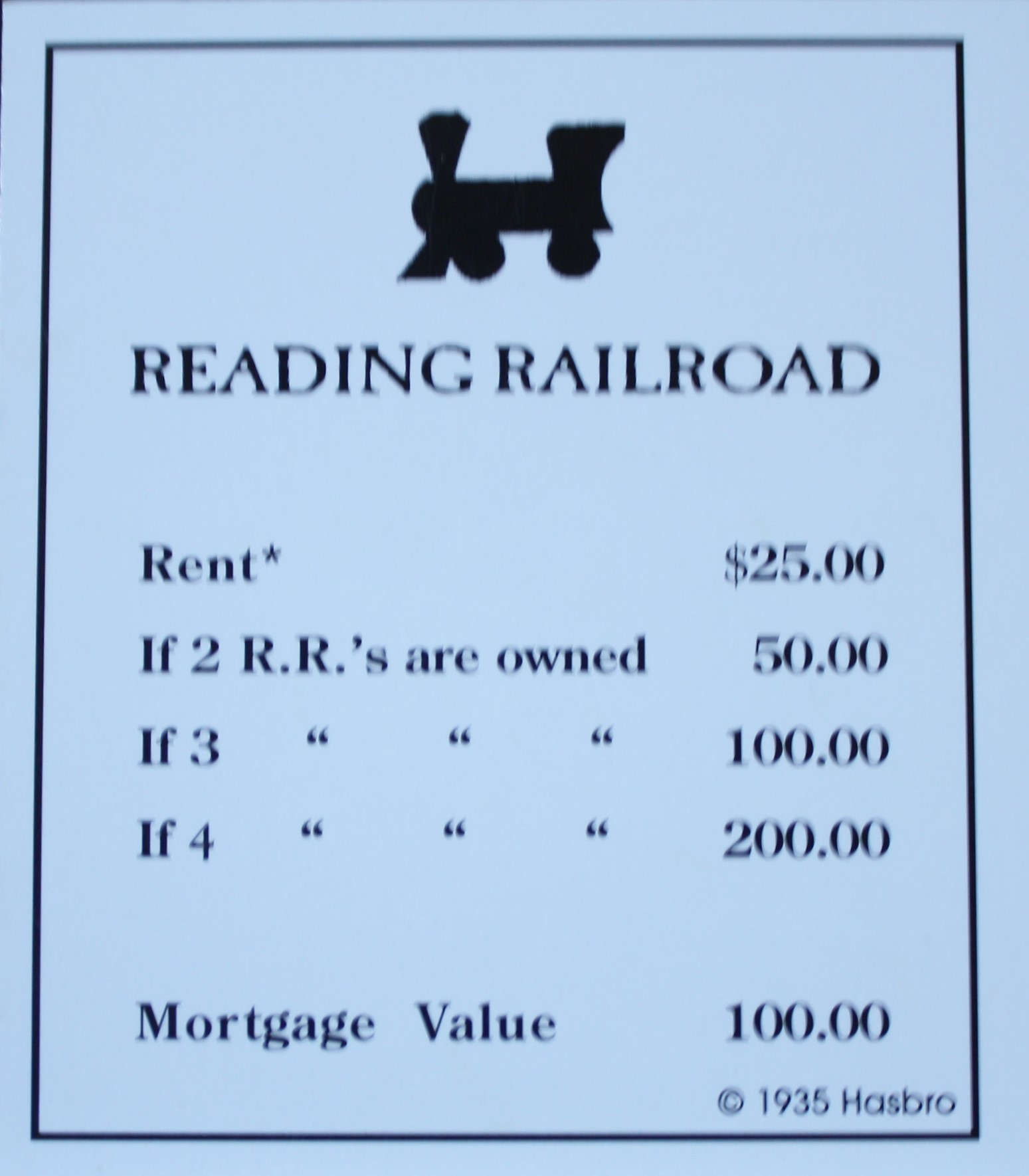 PARTS ONLY -Monopoly Board Game "1935 Deluxe First Edition Classic Reproduction" - "Reading Railroad" Title Deed Card