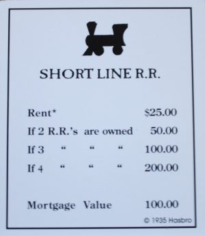 PARTS ONLY -Monopoly Board Game "1935 Deluxe First Edition Classic Reproduction" - "Short Line R.R." Title Deed Card