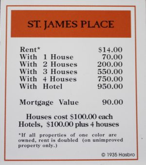 PARTS ONLY -Monopoly Board Game "1935 Deluxe First Edition Classic Reproduction" - "St. James Place" Title Deed Card Only